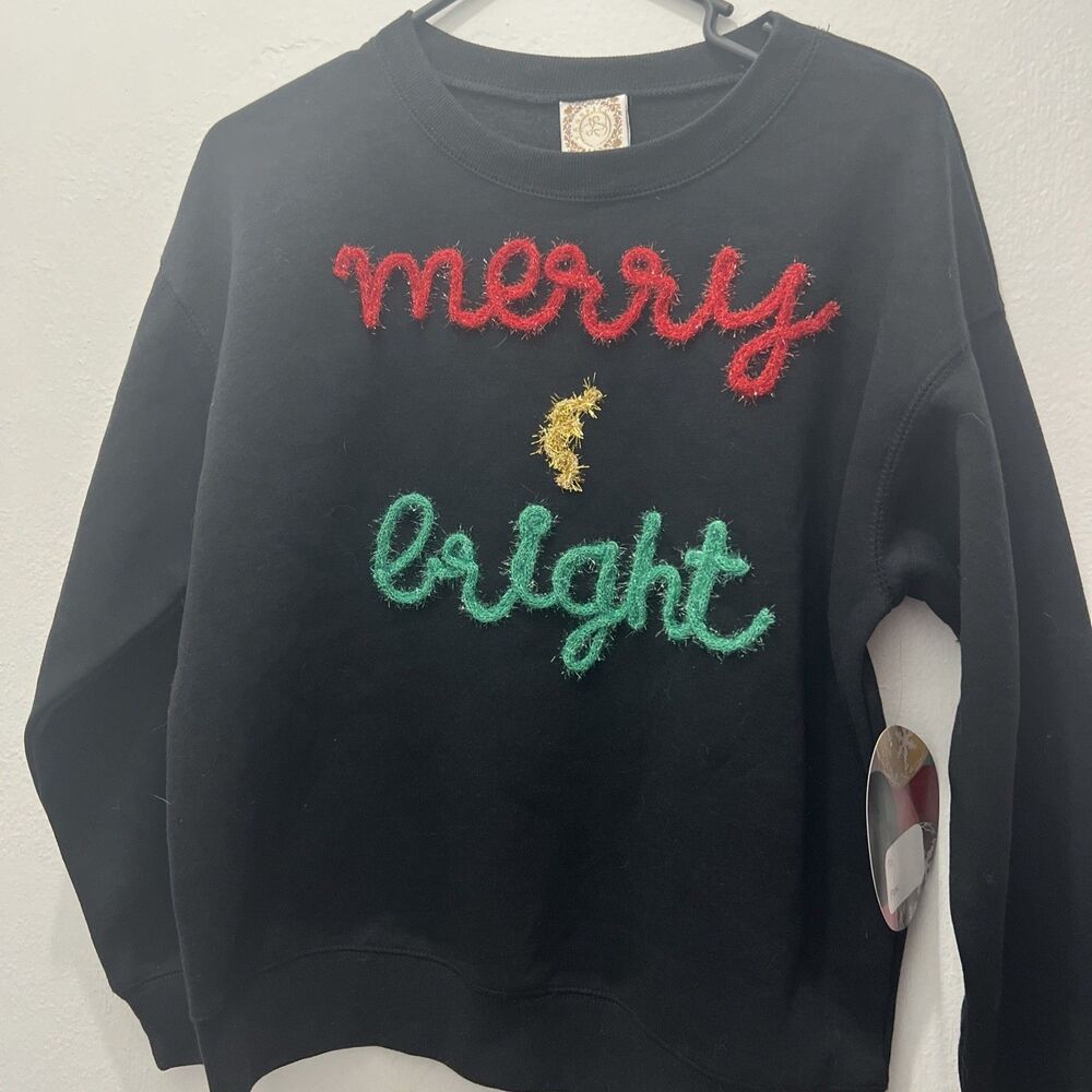Tru Self Merry & Bright Sweatshirt Womens Small Black Christmas Holiday Crewneck